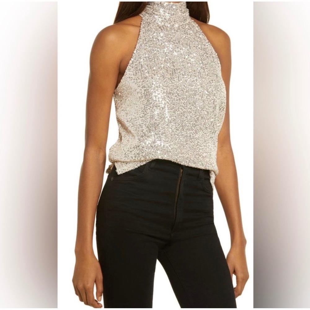 Calvin Klein Womens L Sequin Halter Tie Neck Blouse Champagne Cream 
Glam core